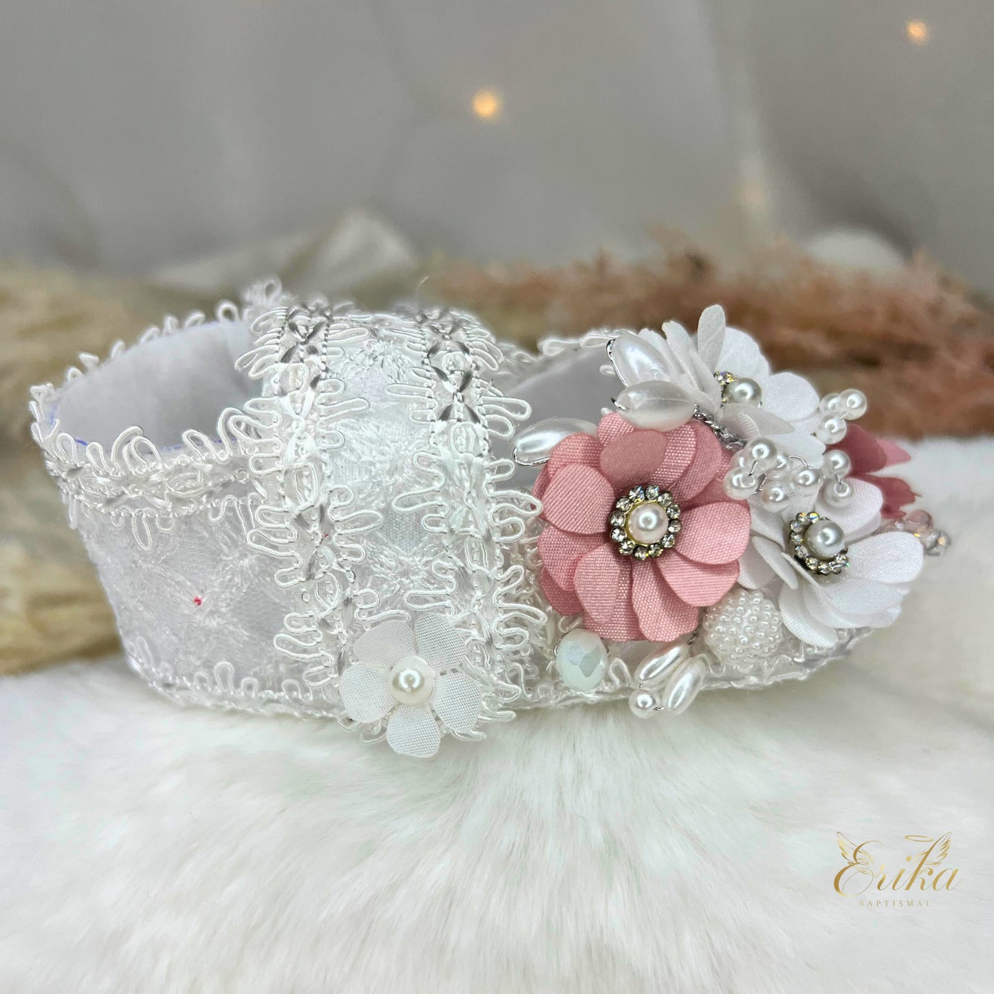 Ornate white lace christening flats with multi-colored flowers, silver beads