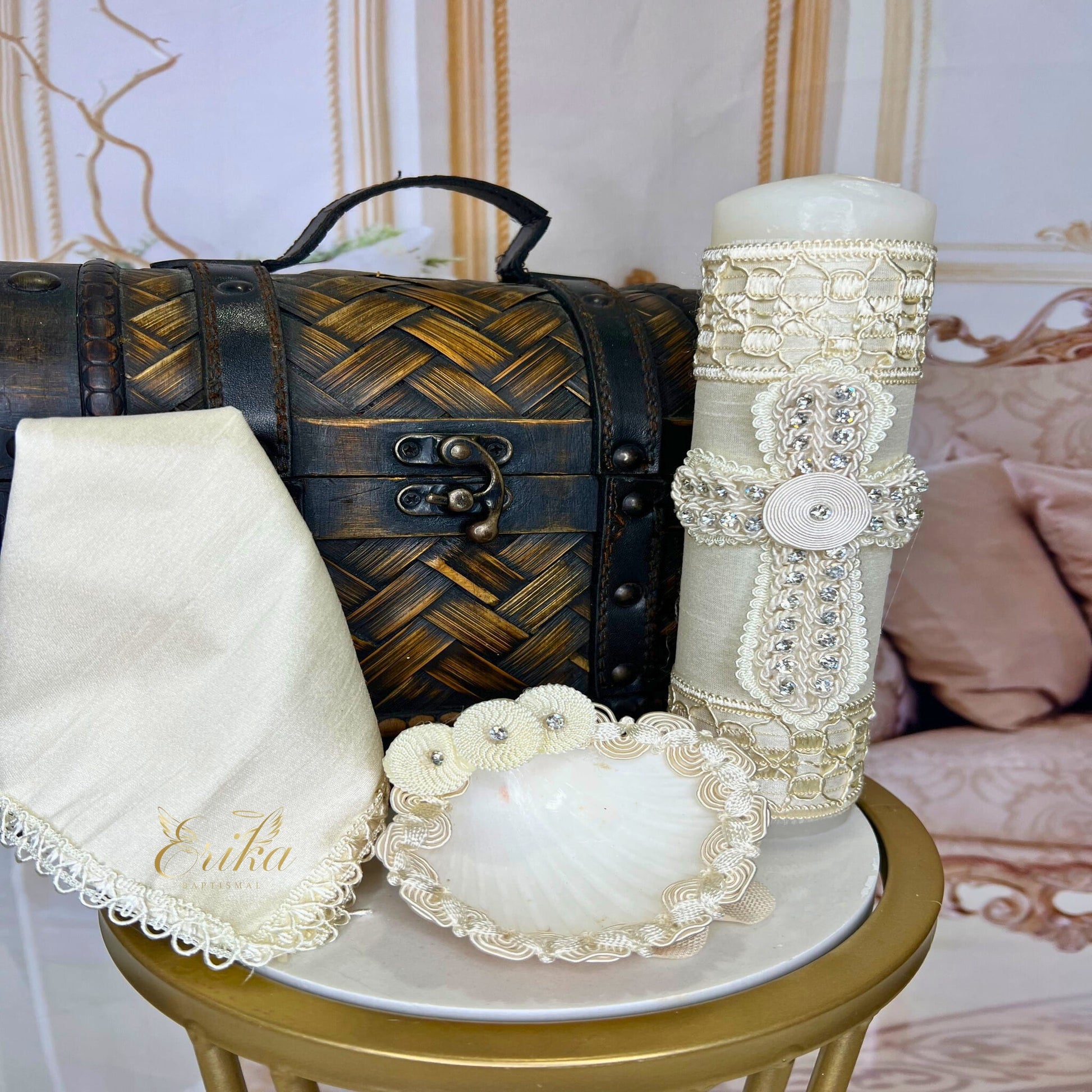 Elegant baptismal set for baby boys with ivory pearls and a ceremonial candle