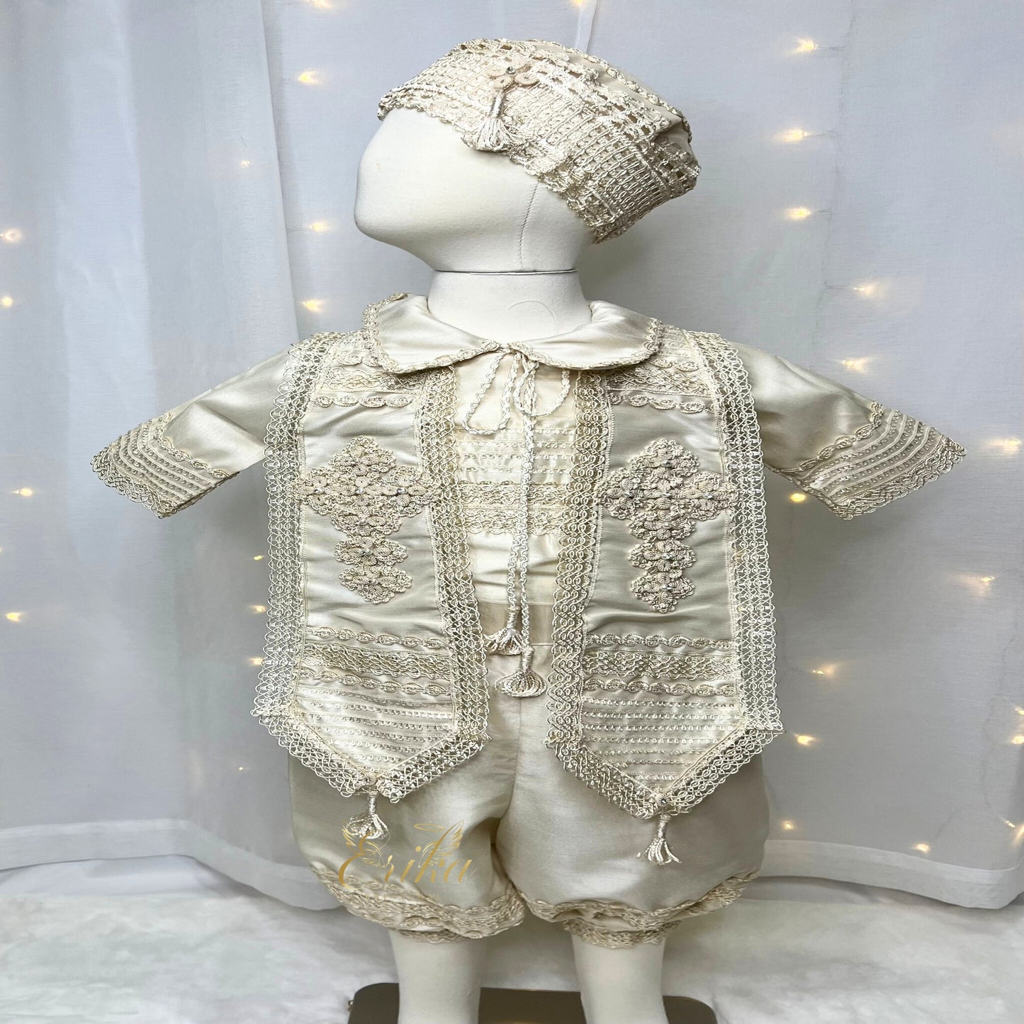 detailed pearl baby boy baptism set with lace vest shirt pants and bonnet