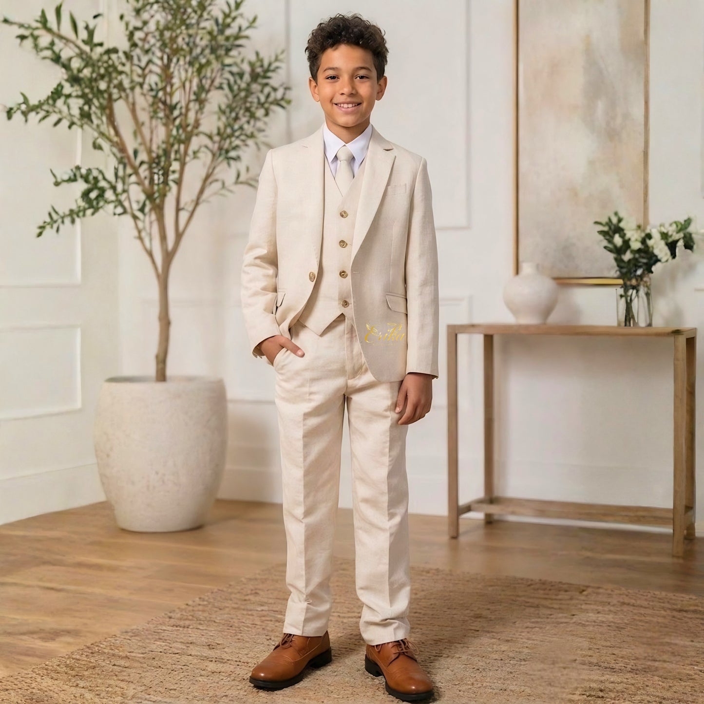 pearl cream boys first communion suit by Erika Baptismal with elegant tailored design and soft premium fabric