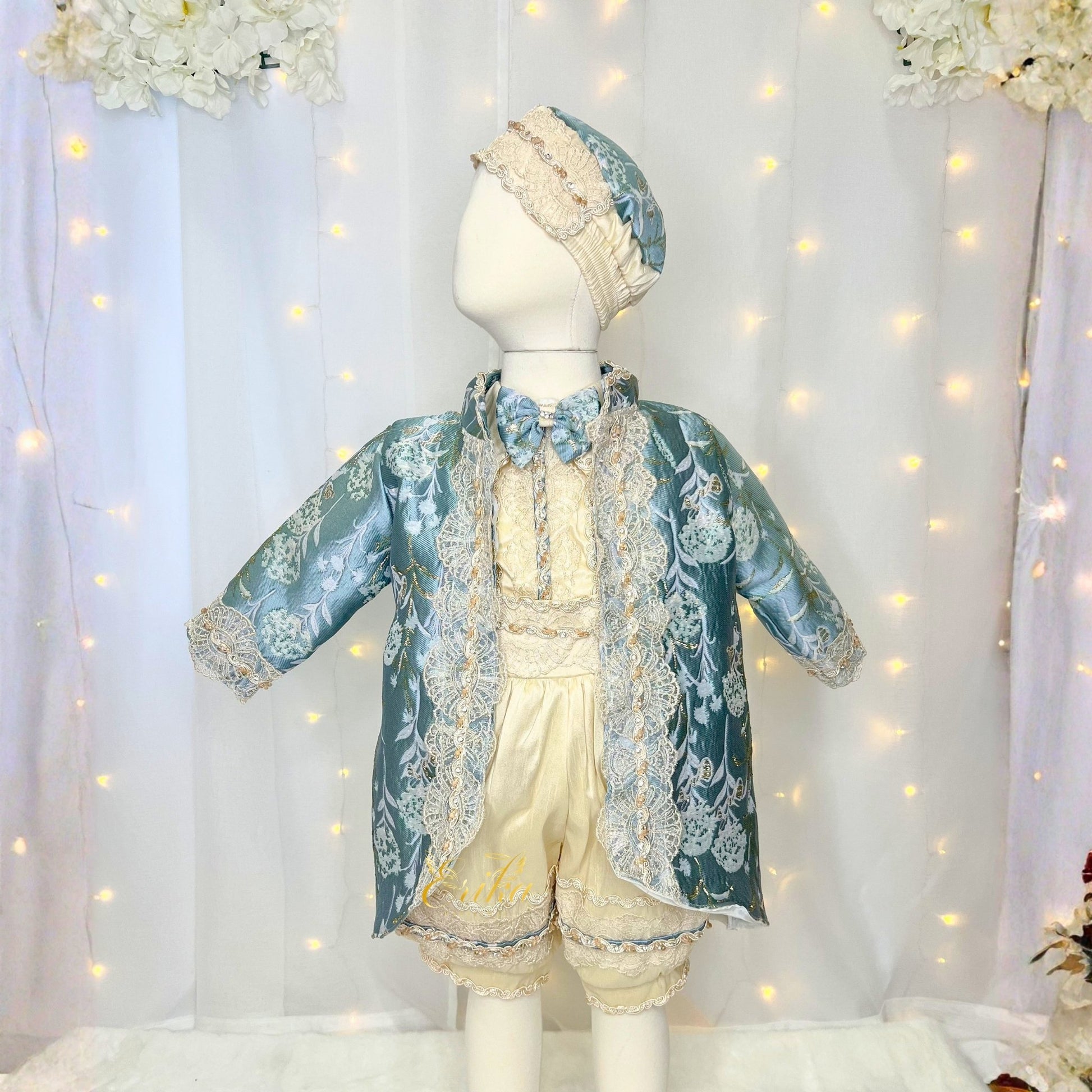 premium baby boy christening outfit in blue and pearl tones with delicate lace accents and high quality fabric