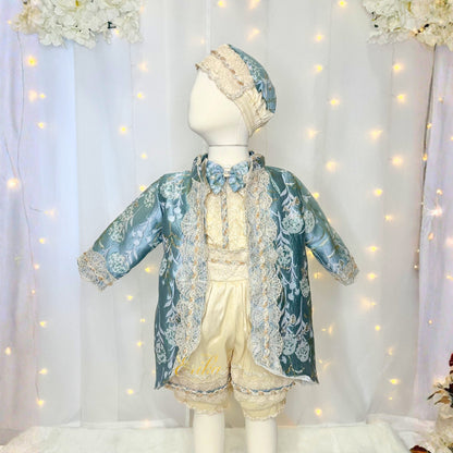 premium baby boy christening outfit in blue and pearl tones with delicate lace accents and high quality fabric