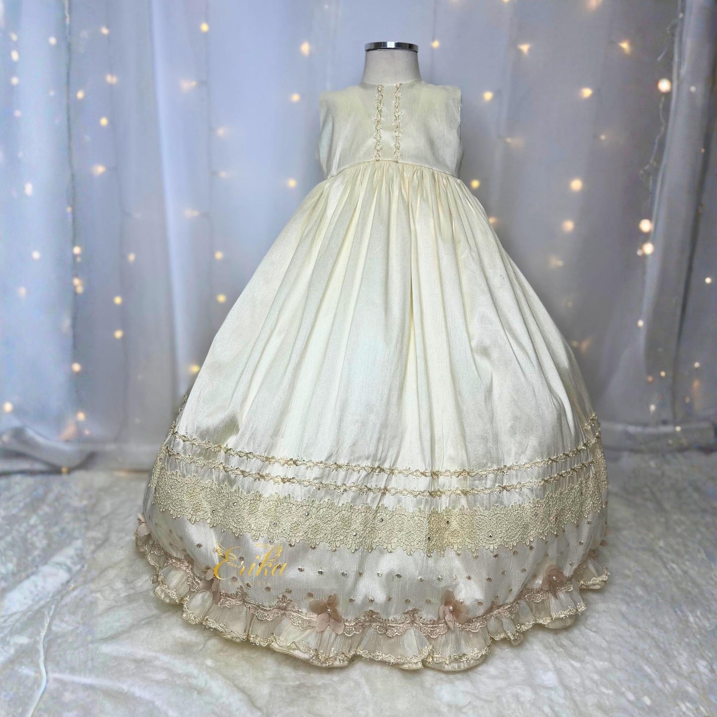 premium quality baby baptism dress with floral details small beads and matching bonnet at low cost