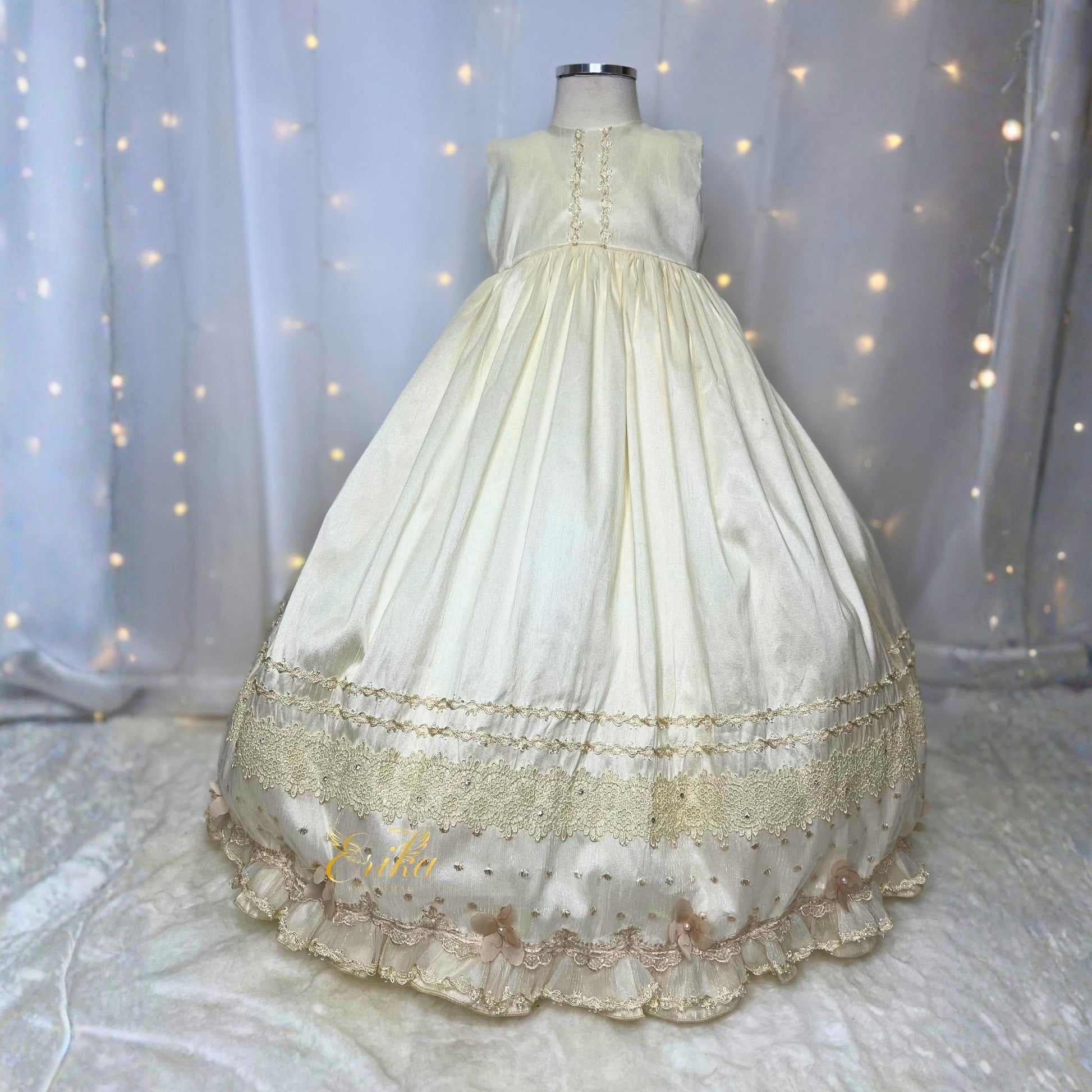 premium quality baby baptism dress with floral details small beads and matching bonnet at low cost