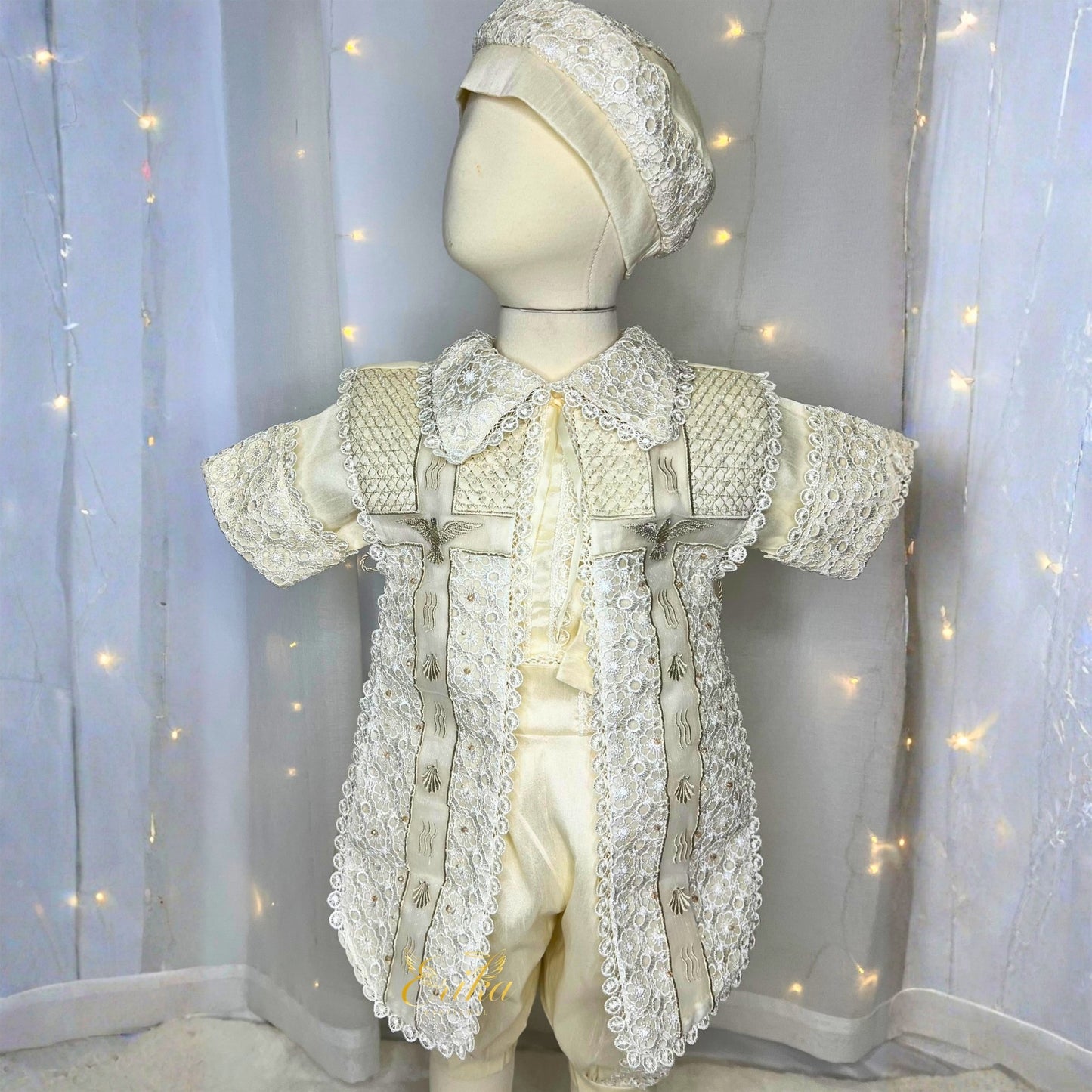 premium baby boy christening outfit with vest shirt shorts and bonnet in high quality embroidered fabric