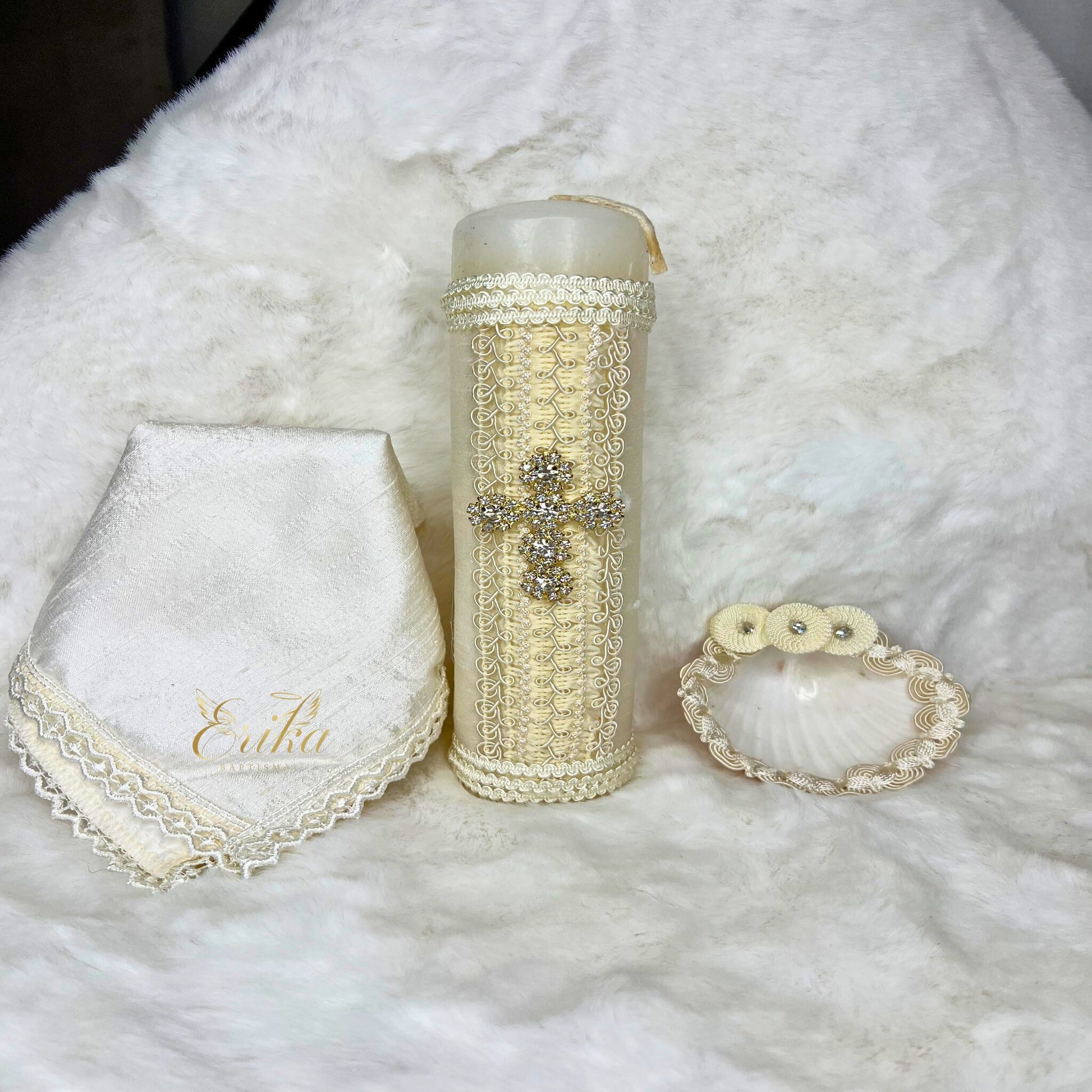 Boy's 3-piece baptism set featuring a crystal-studded candle, shell, and embroidered cloth