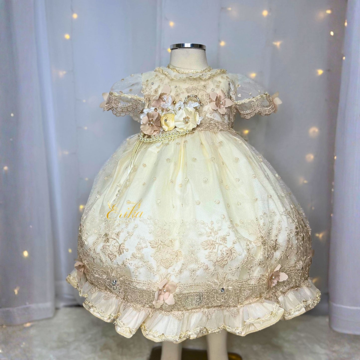 quality baby baptism dress with floral details bead embellishments and matching hat at a great price