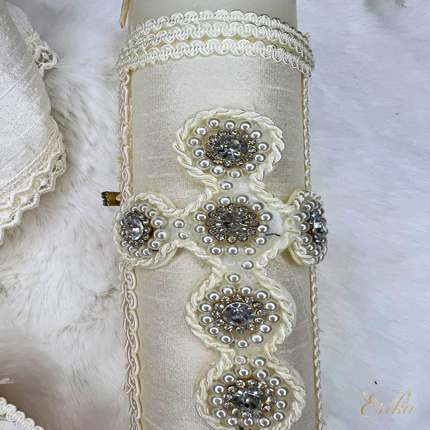 Three-piece christening set for boys with white pearls and premium linen cloth