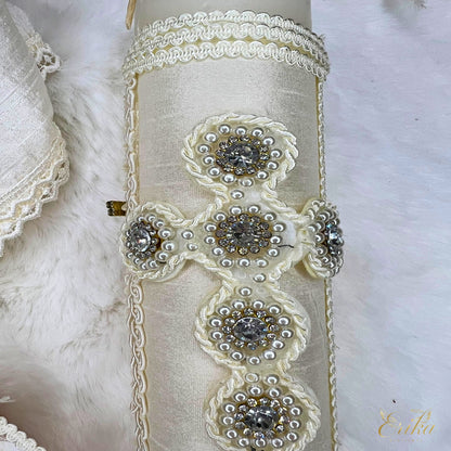 Three-piece christening set for boys with white pearls and premium linen cloth