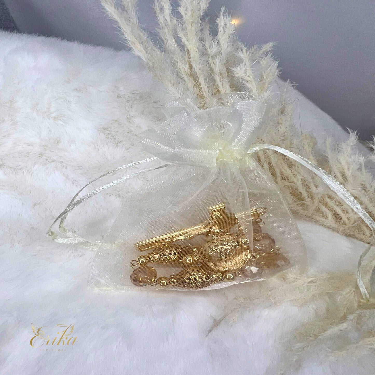 Hand-assembled crystal and gold mystery for baptismal guest favors by Erika Baptismal