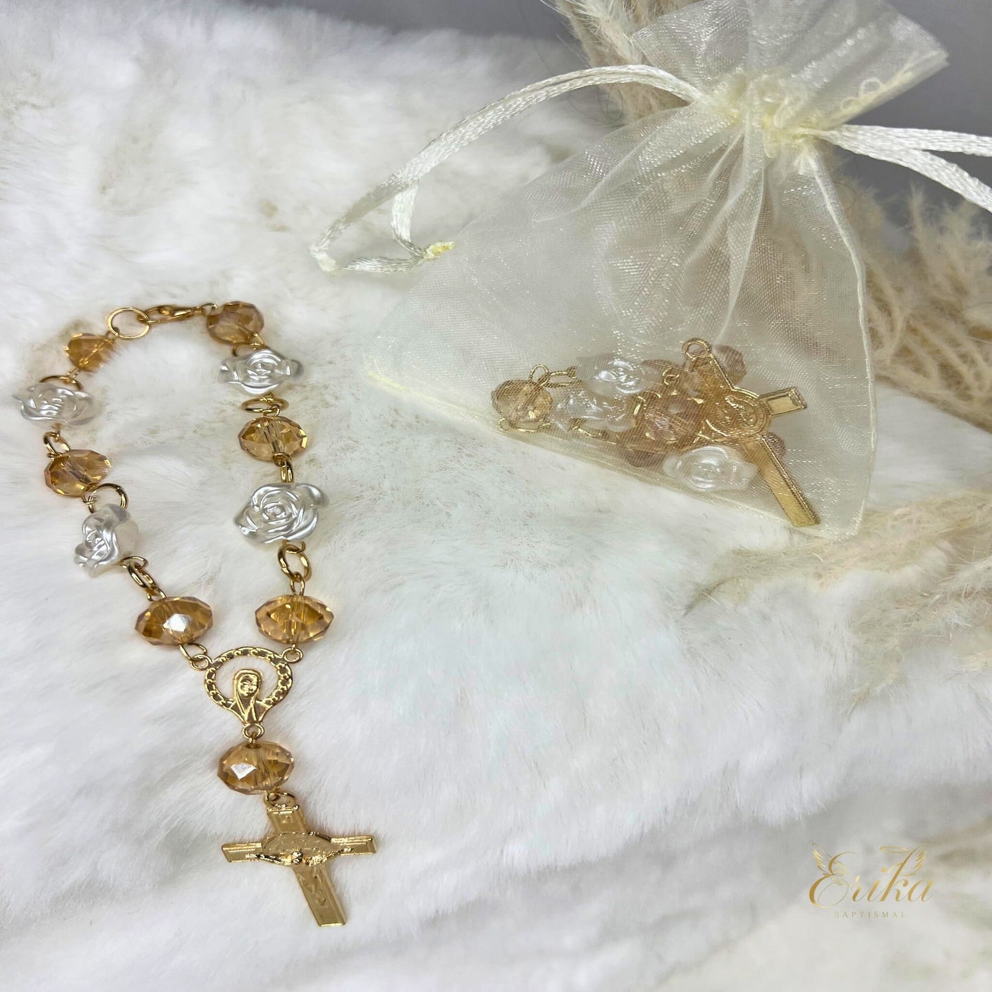 Sacred crystal mini rosary for christening presented in a gift pouch by Erika Baptismal