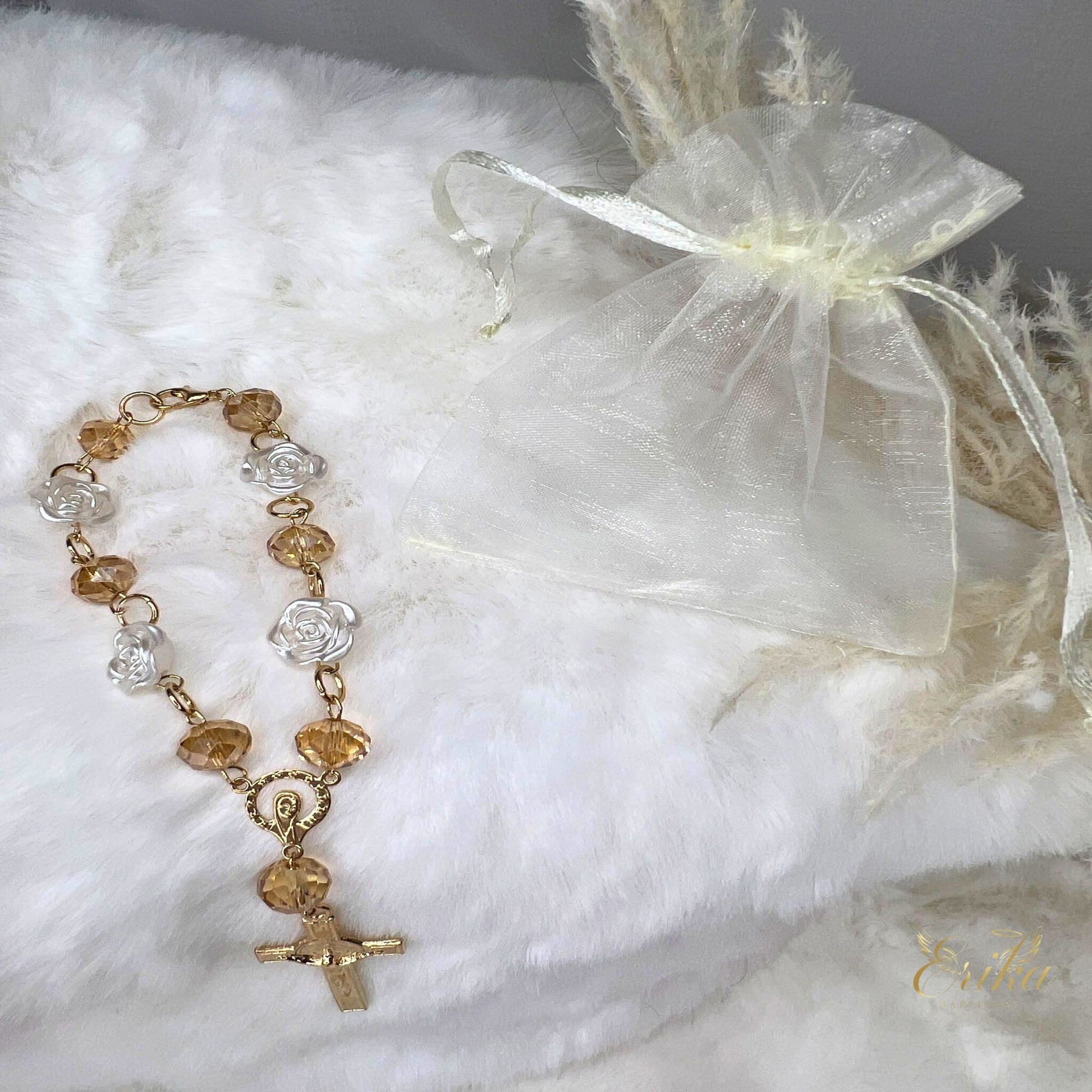 Hand-assembled crystal and gold mystery for baptismal guest favors by Erika Baptismal