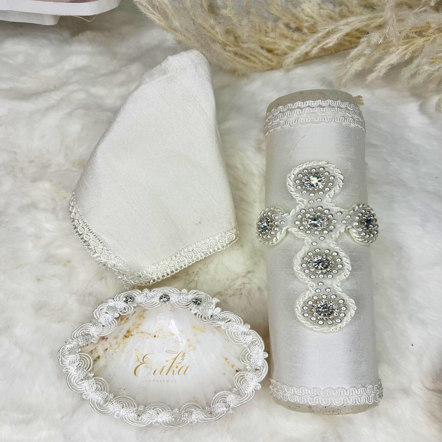 White religious Candle set for boy's christening with pearl details and embroidered shell