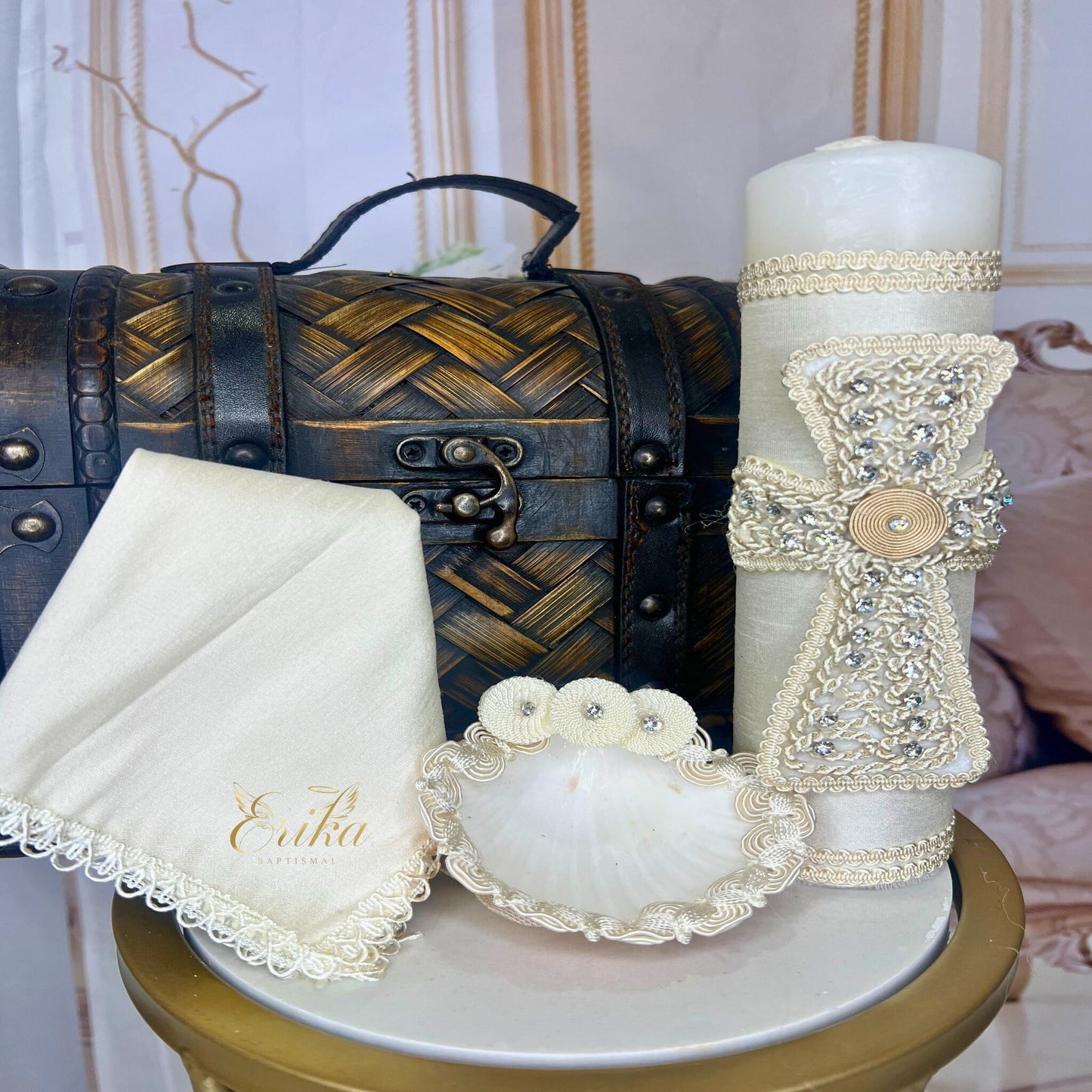 Classic baptism kit for boys featuring a pearl cross and embroidered hanky