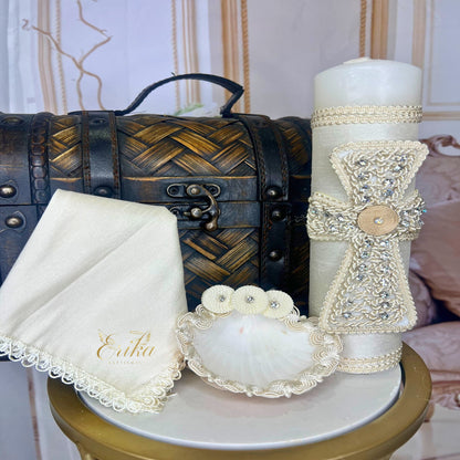 Classic baptism kit for boys featuring a pearl cross and embroidered hanky
