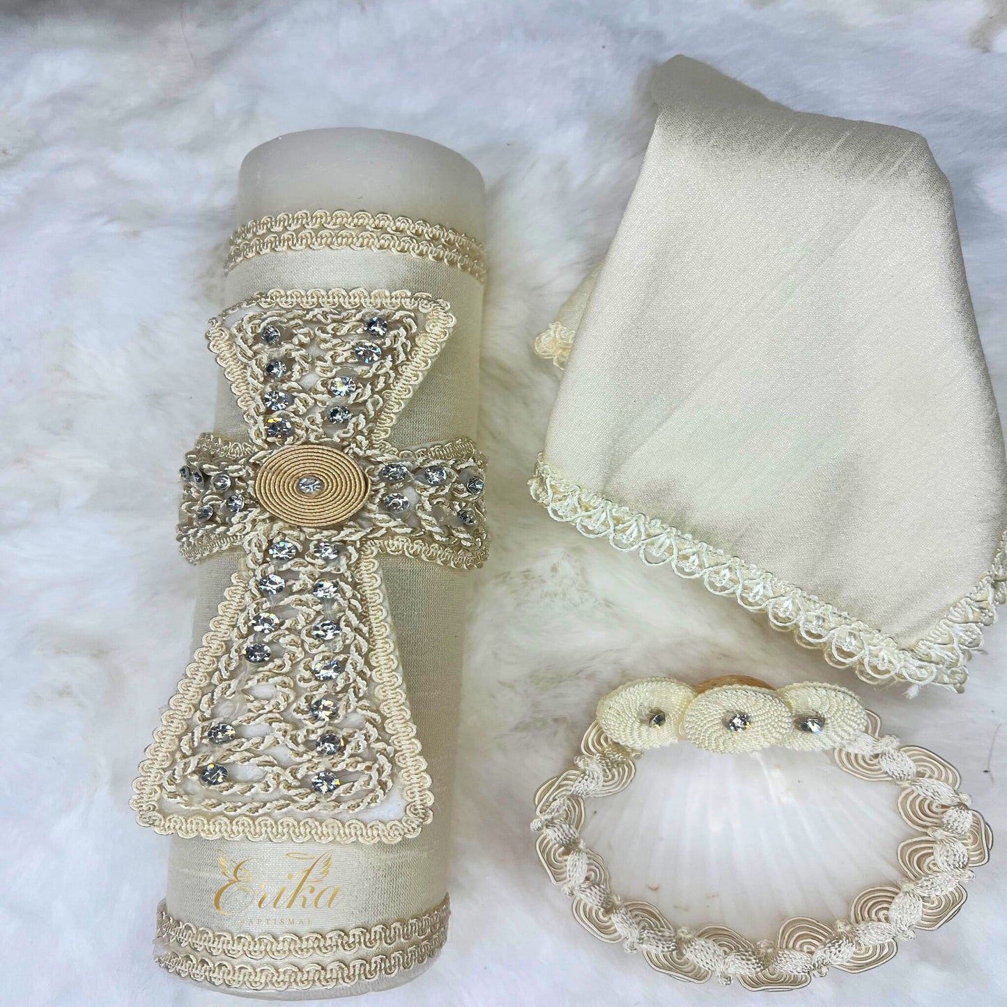 Classic baptism kit for boys featuring a pearl cross and embroidered hanky