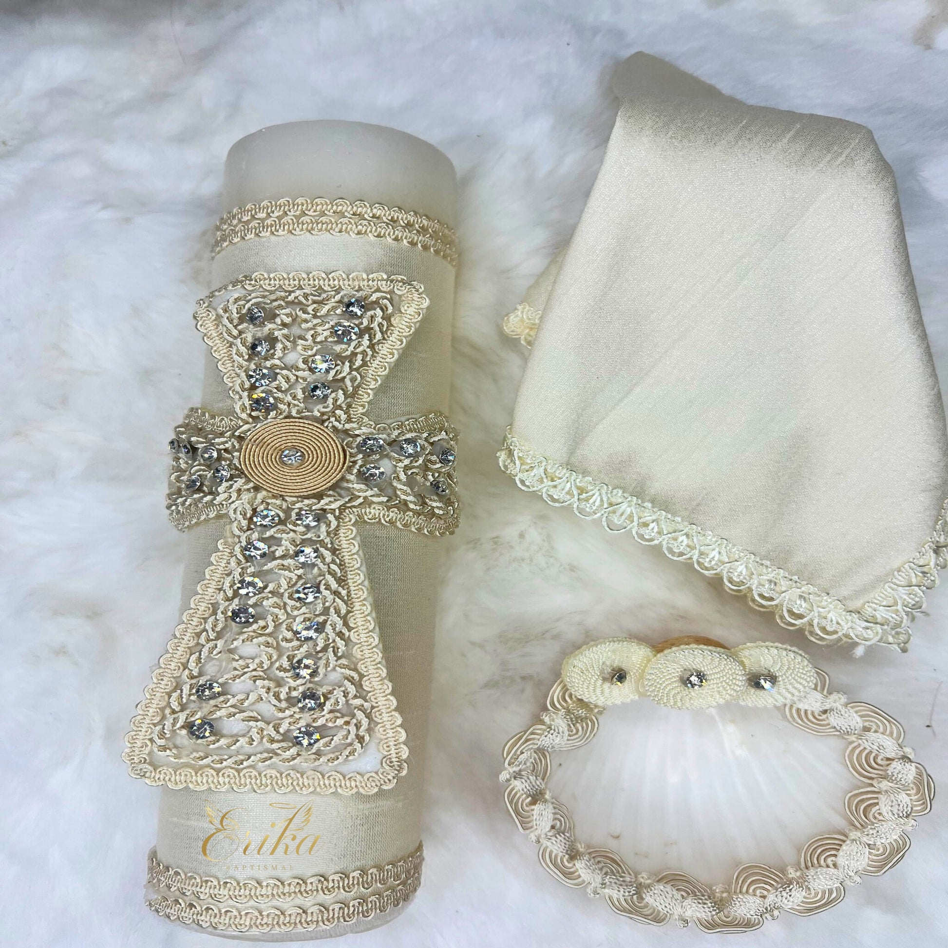 Classic baptism kit for boys featuring a pearl cross and embroidered hanky
