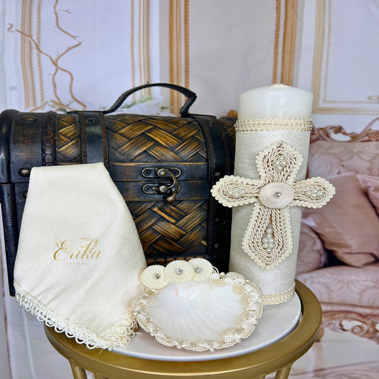 Boy's christening kit featuring a sparkling crystal-encrusted candle and satin cloth