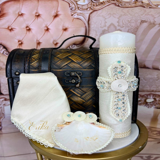White and blue baptismal set for boys with pearl cross and matching blue-trimmed shell