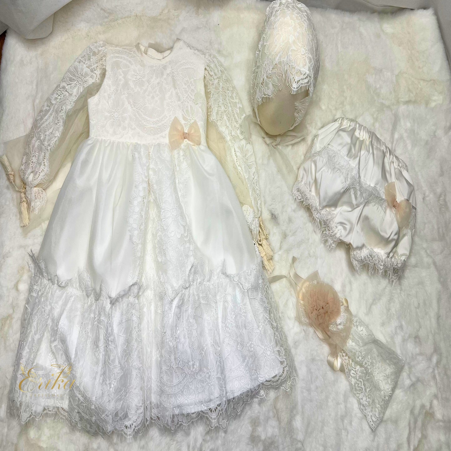  long traditional Spanish style baby christening gown with timeless design and soft elegant fabric