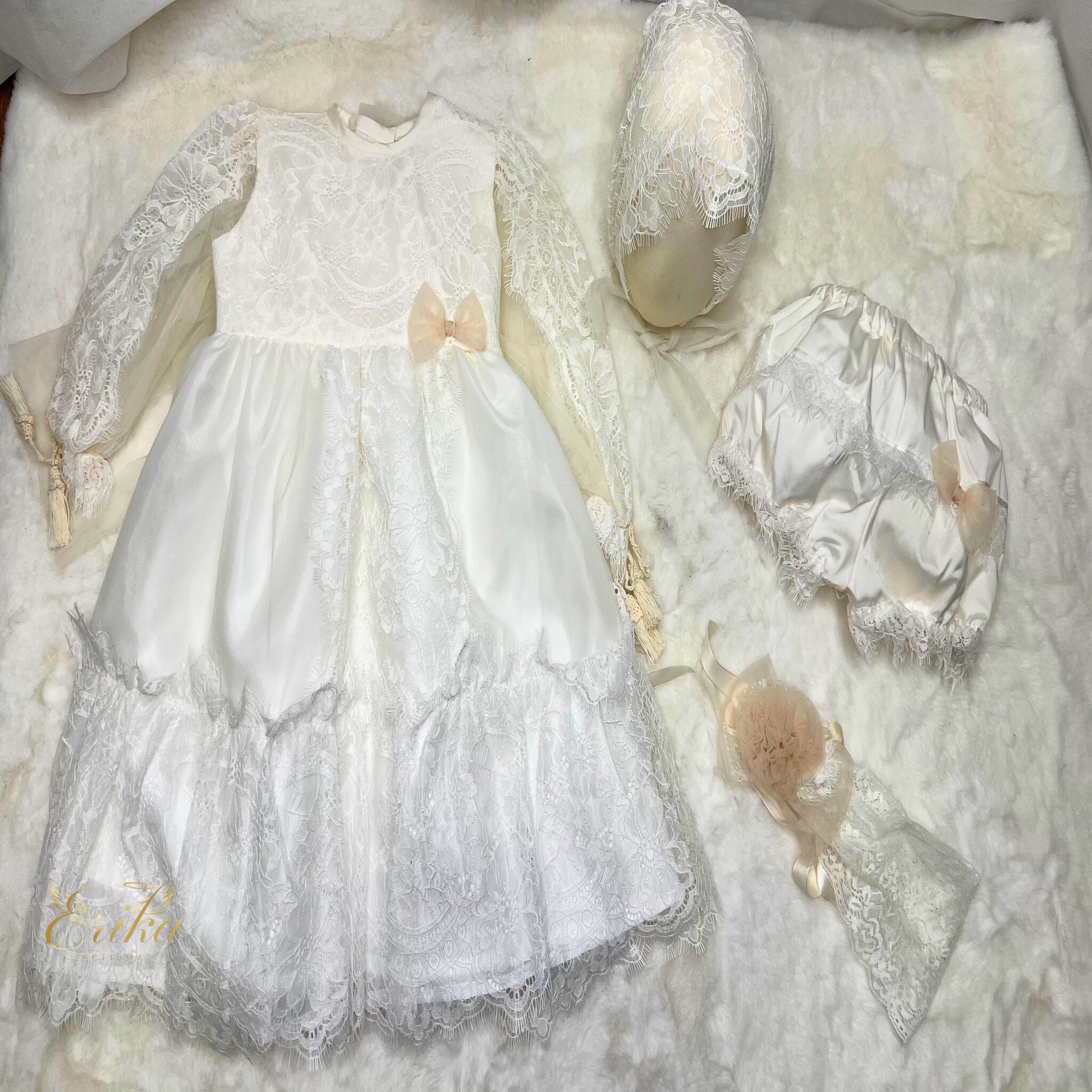  long traditional Spanish style baby christening gown with timeless design and soft elegant fabric