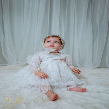 long baby christening dress in Spanish style with elegant details and classic flowing design