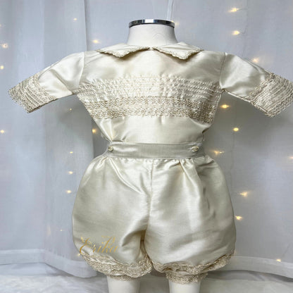 high quality pearl baby boy christening set with vest shirt pants and elegant bonnet
