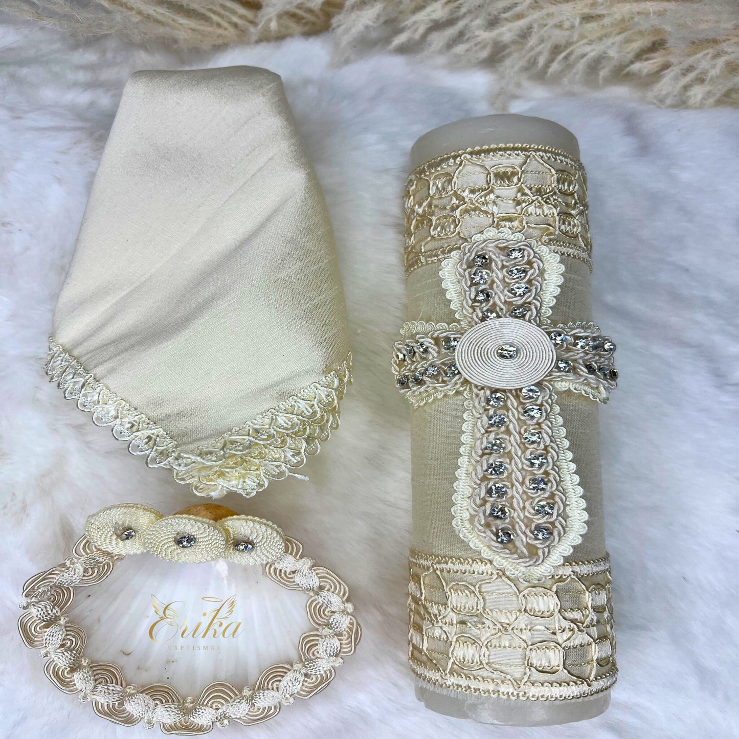 Classic white christening set specifically for boys, including a pearl cross candle and linen drying cloth