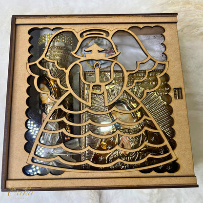 Handcrafted metal embossed wood box for First Communion candle set with Spanish Bible and rosary virgen Guadalupe