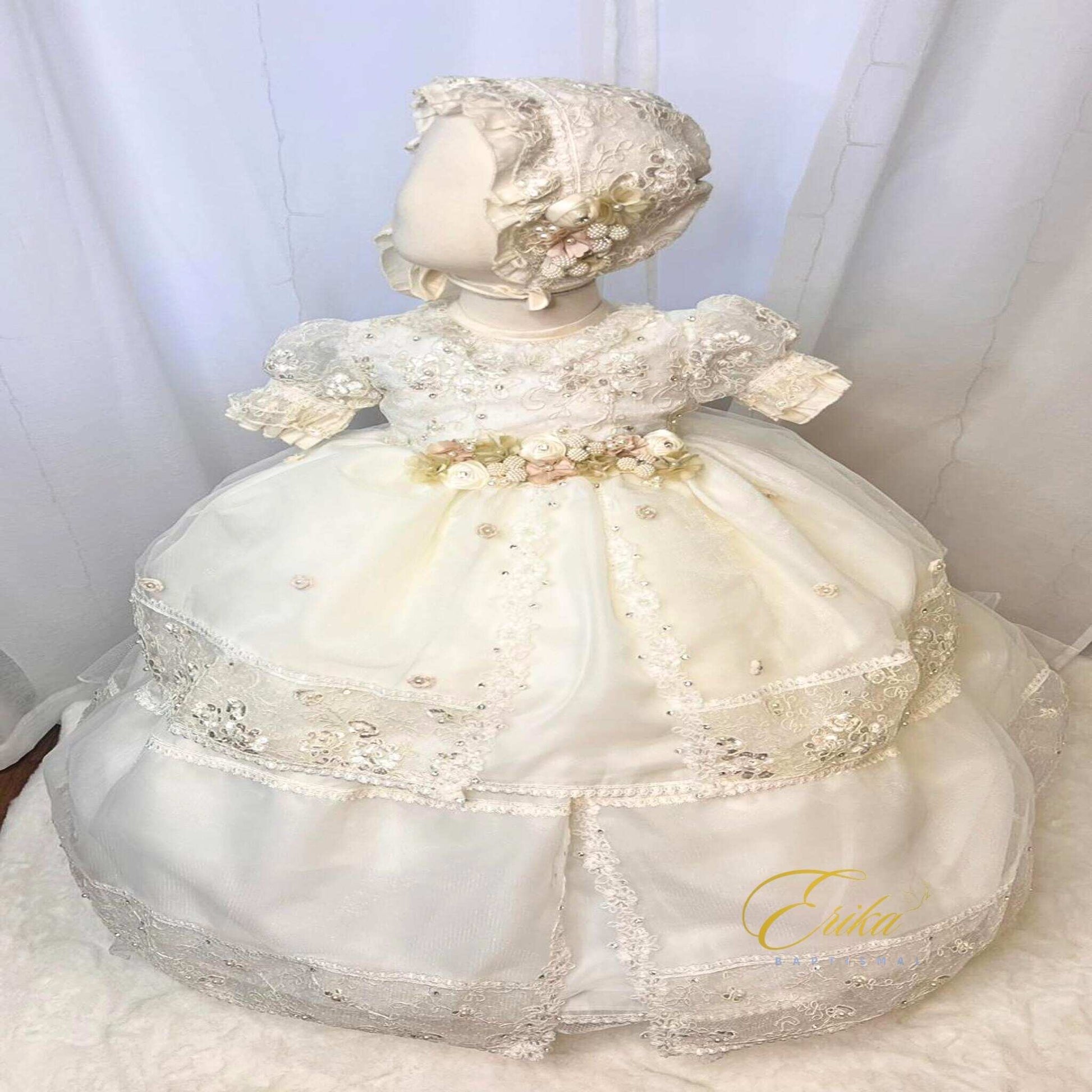 elegant vintage baby baptism dress with floral lace details and classic design