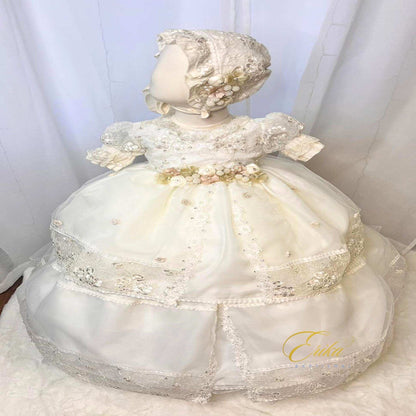 elegant vintage baby baptism dress with floral lace details and classic design