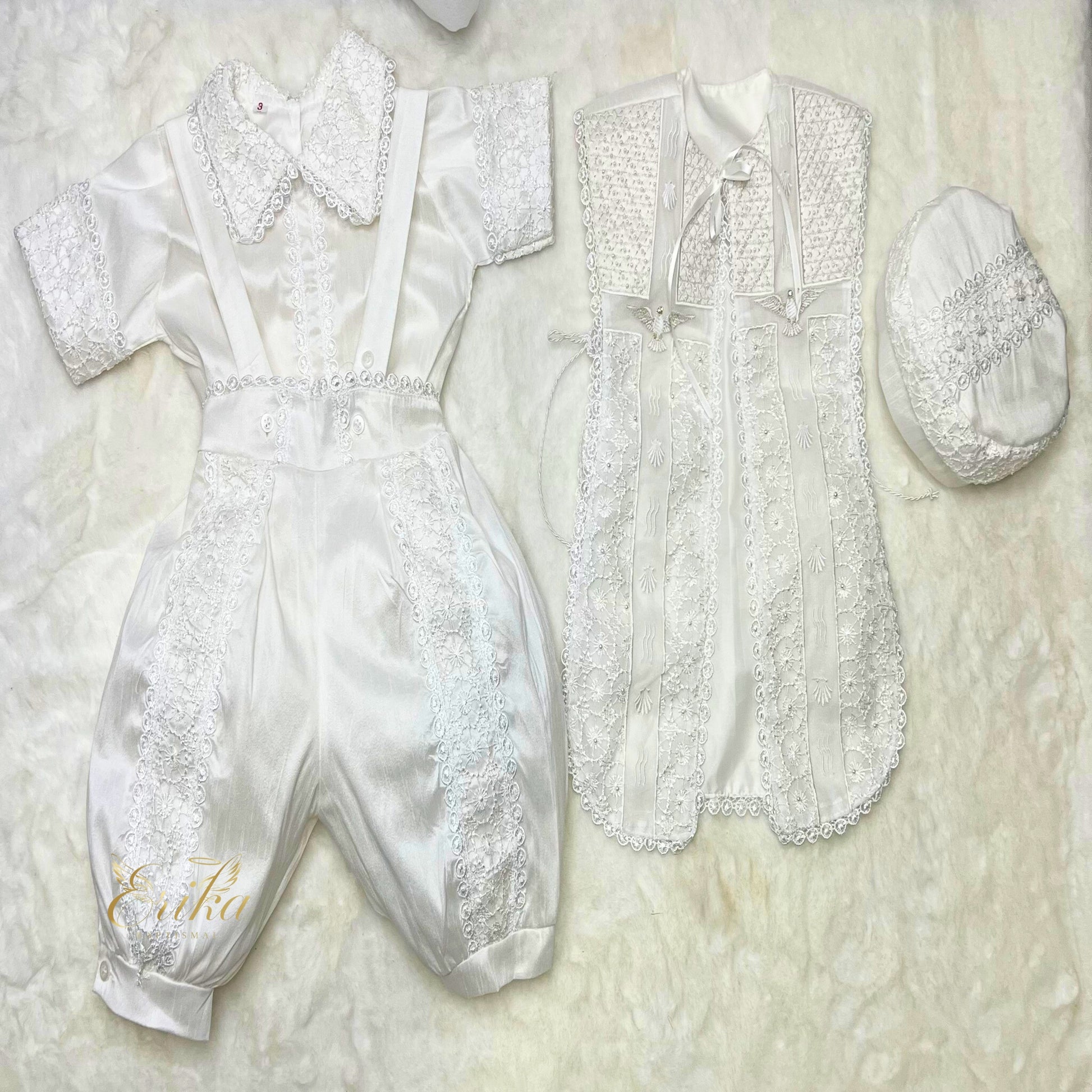 vintage style baby boy baptism outfit with embroidered vest shirt shorts and bonnet in delicate fabric