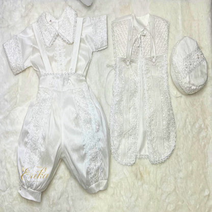 vintage style baby boy baptism outfit with embroidered vest shirt shorts and bonnet in delicate fabric