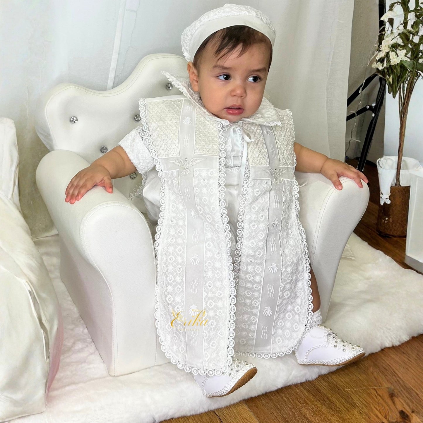 vintage style baby boy baptism outfit with embroidered vest shirt shorts and bonnet in delicate fabric