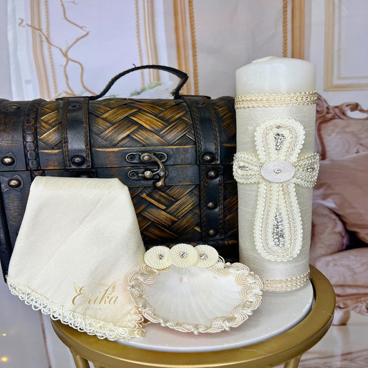Boy's white christening set with pearl-inlaid candle and matching baptismal shell