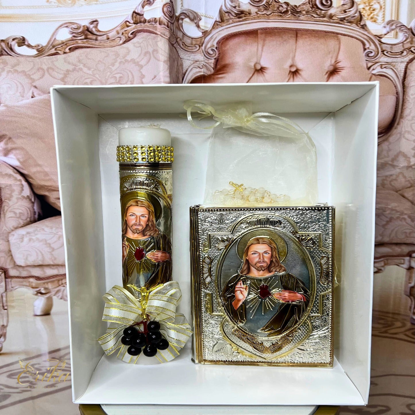 Artisan wooden box with detailed laser cut cross and silver embossed accessories