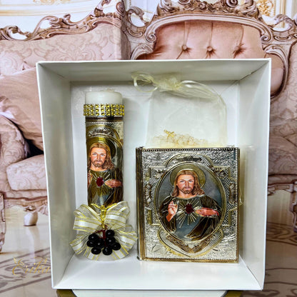 Artisan wooden box with detailed laser cut cross and silver embossed accessories