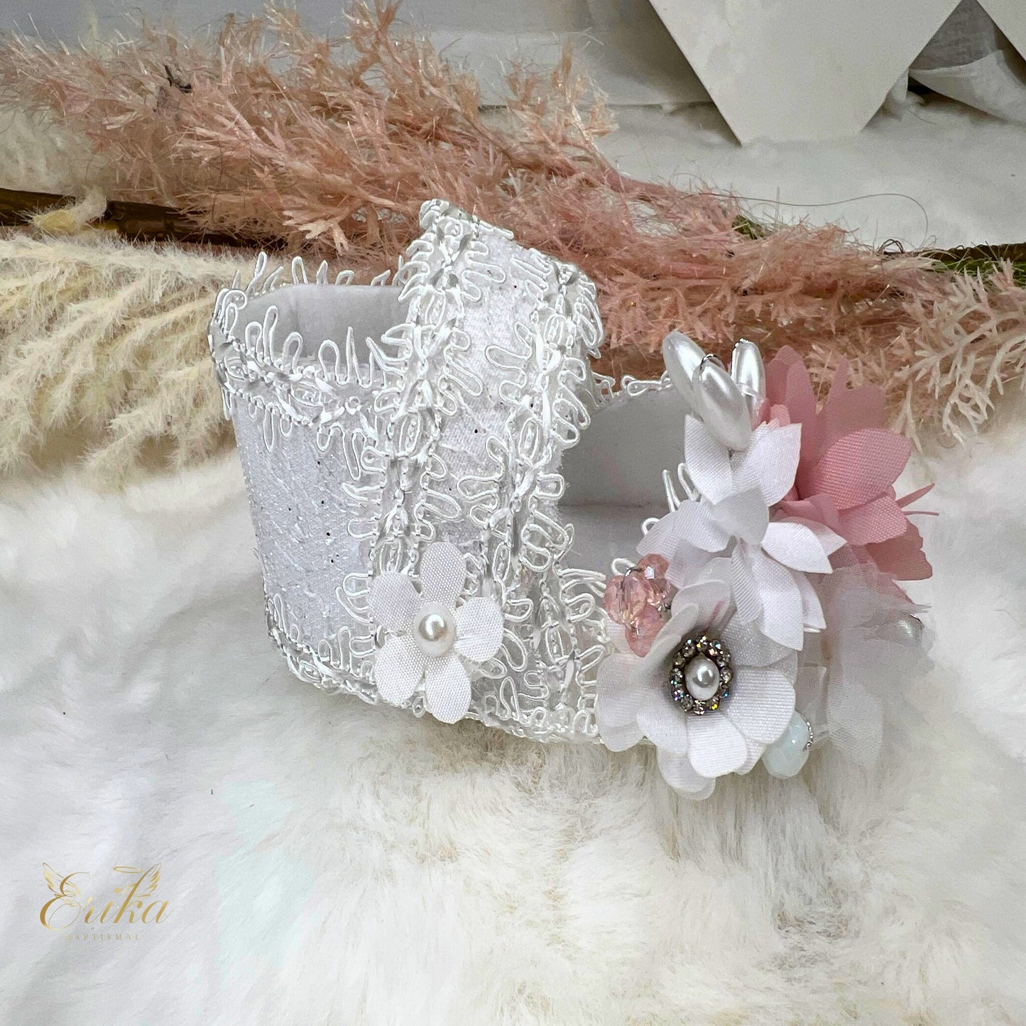 Soft-soled baby girl baptism shoes with delicate petal overlays