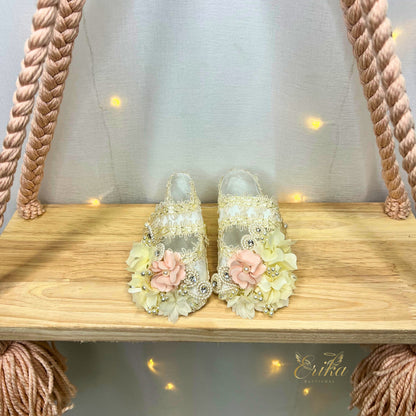 baptismal shoes for girls with central flower appliqué