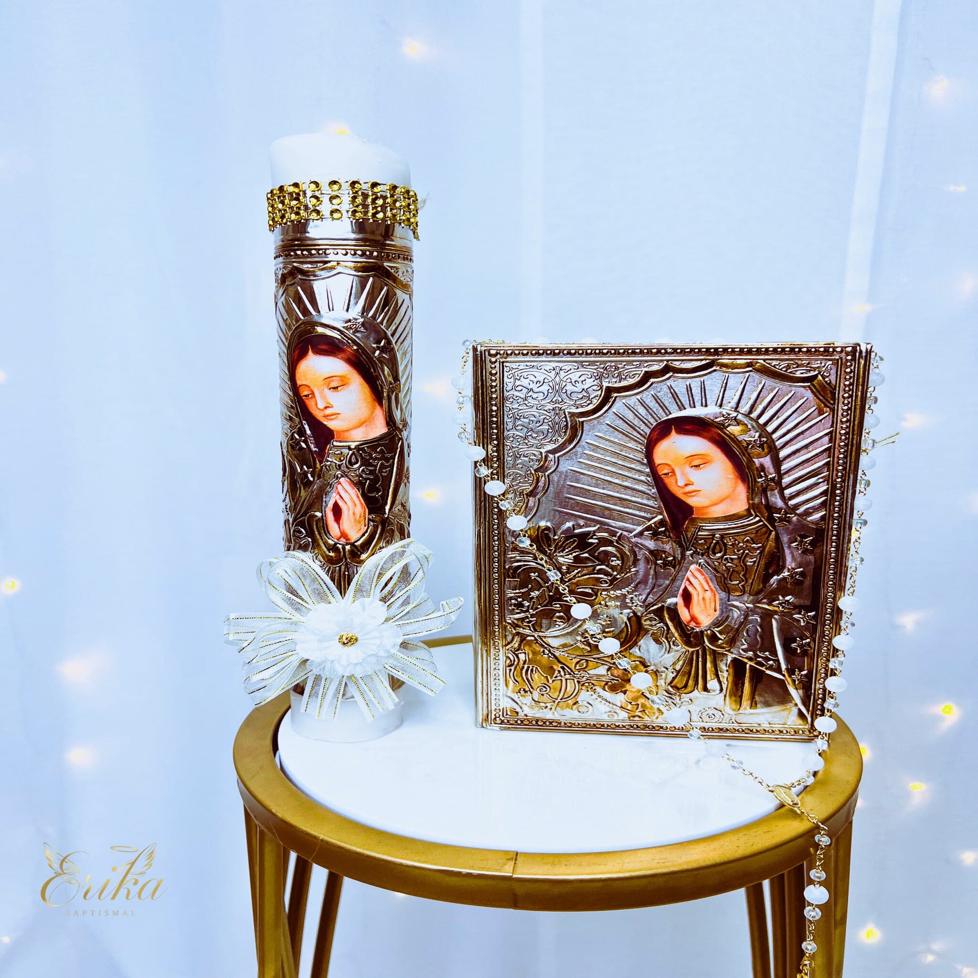 Candle set in laser cut wood box with Virgin of Guadalupe silhouette