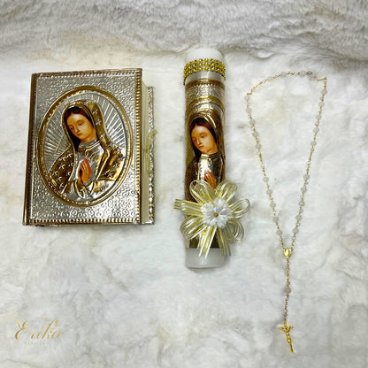 Catholic keepsake wooden box with a large ornamental cross for candle sets
