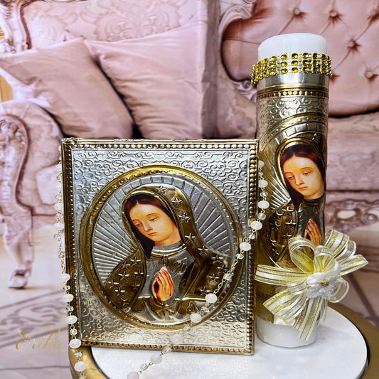 Religious ceremony candle set stored in a decorative cross laser cut box