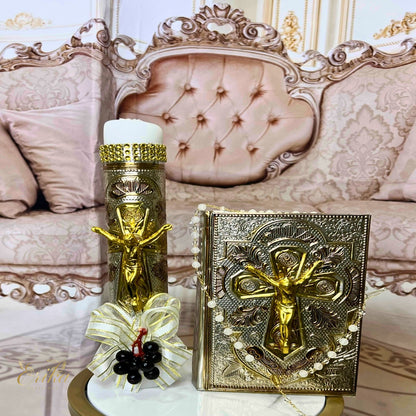 Handcrafted wood box for religious candle set with a silver embossed Jesus Bible
