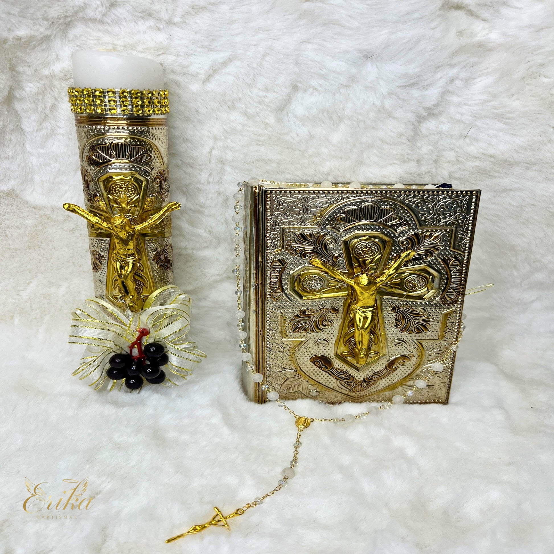 Premium decorated white candle with a silver metal plate of the Risen Christ