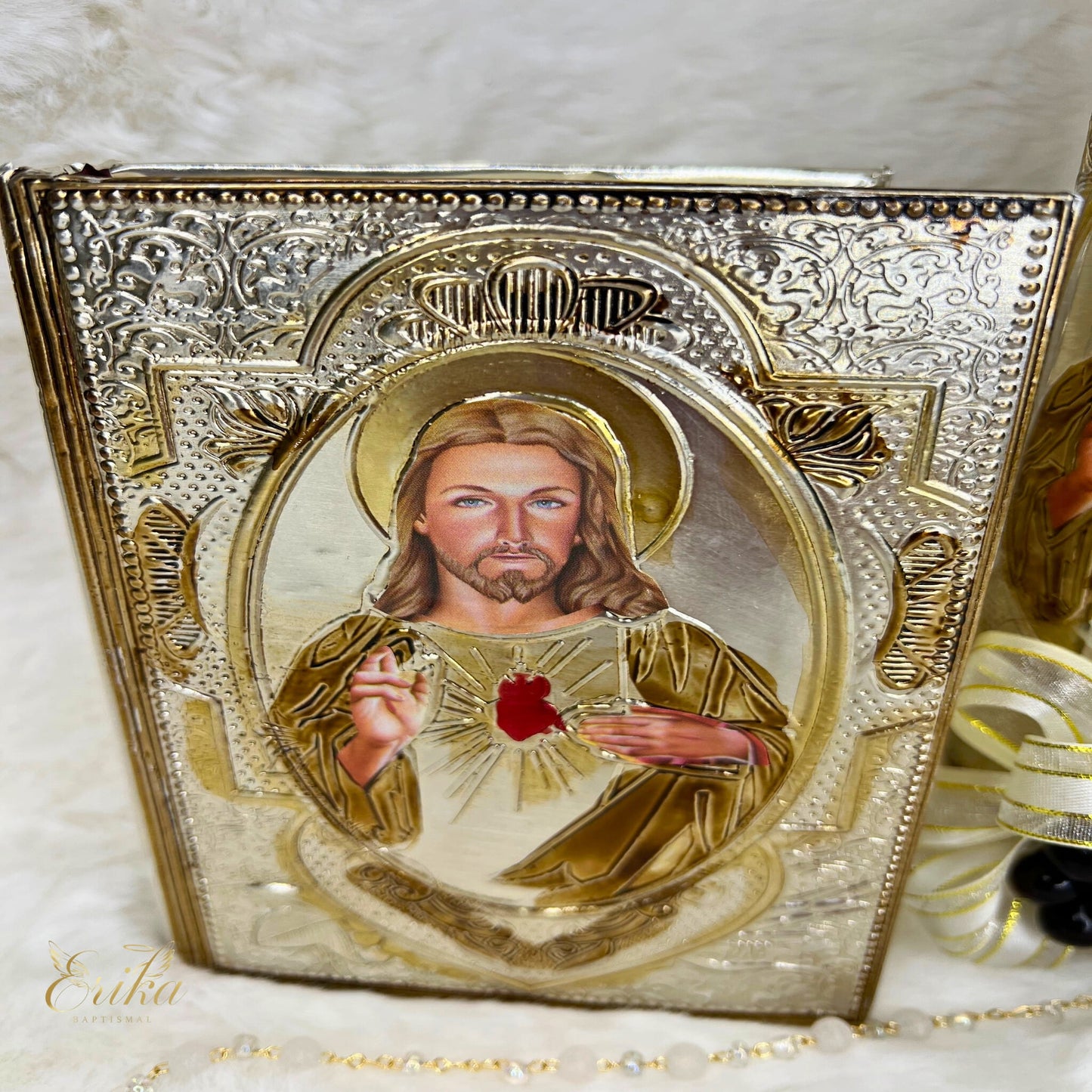 Premium decorated white candle with a silver metal plate of the Risen Christ