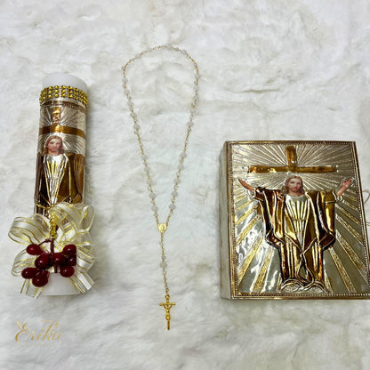 First Communion candle set in a wooden box with a large laser cut cross design