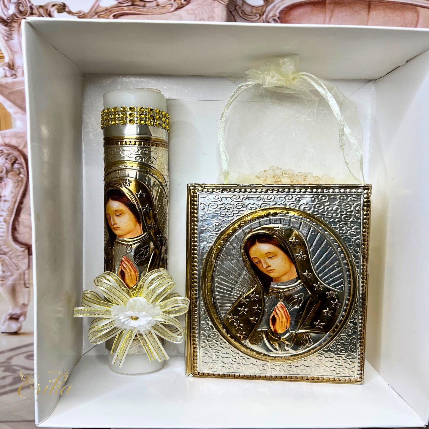 Sacred milestone kit featuring silver Risen Christ accents and wood box