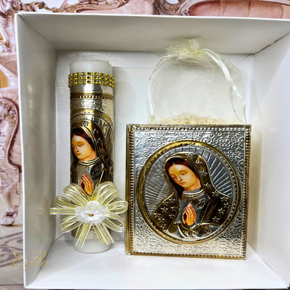 Sacred milestone kit featuring silver Risen Christ accents and wood box