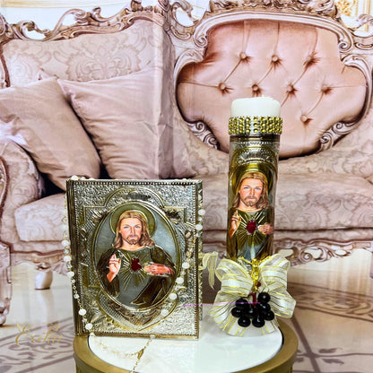 Handcrafted wood box for religious candle set with a silver embossed Jesus Bible