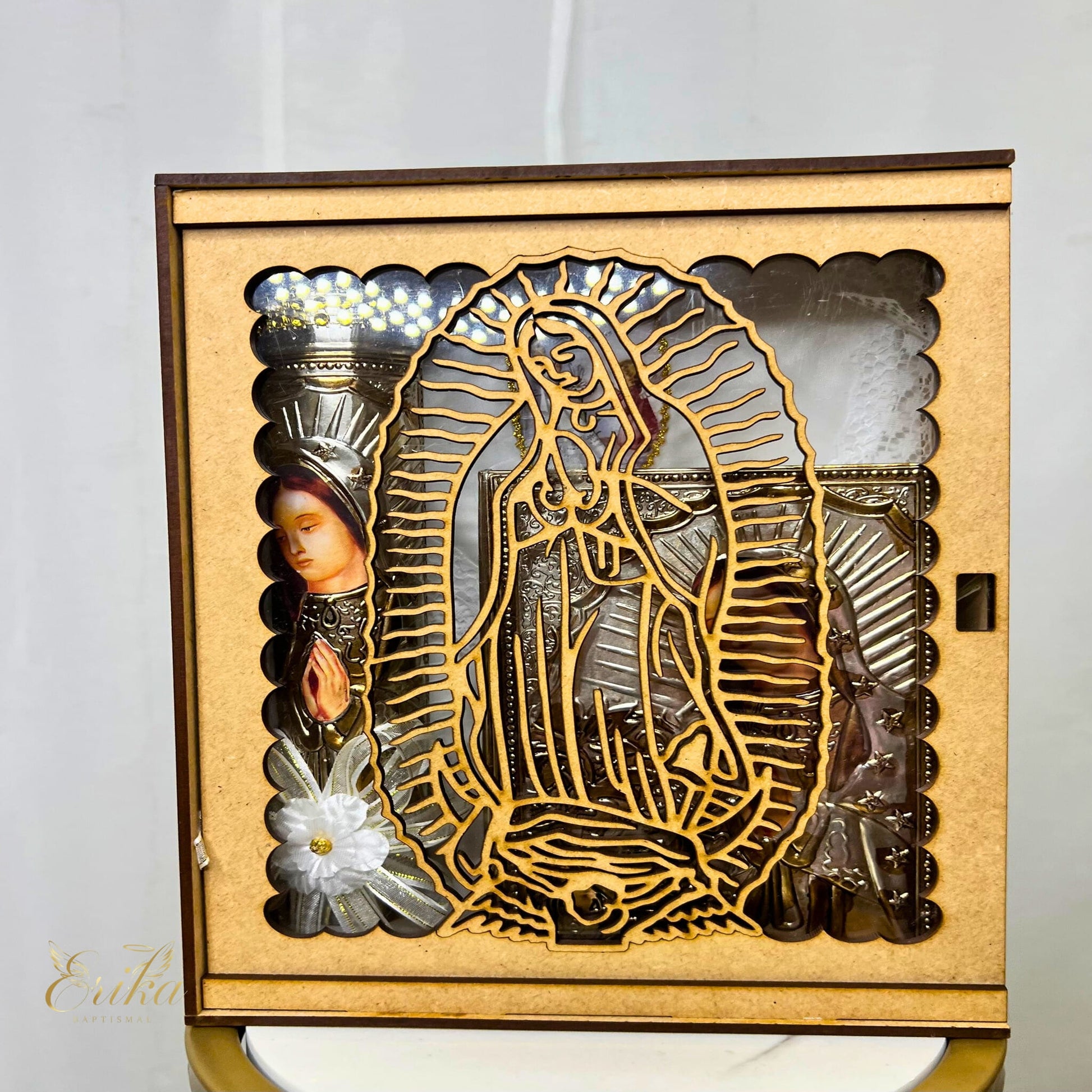 Silver embossed candle set with Virgin of Guadalupe image and rosary